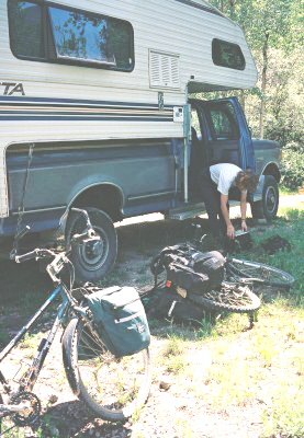 At Base Camp: Rigging the Bikes.