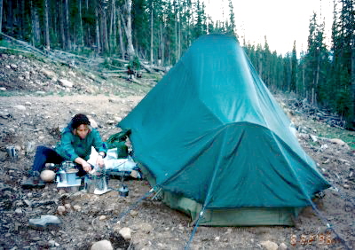 Cooking and Cleanup. High Altitude Camp, Steep Slope, Tent is Level.