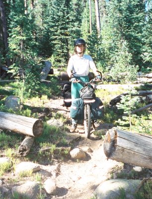 Terry stops in front of some trail debris.