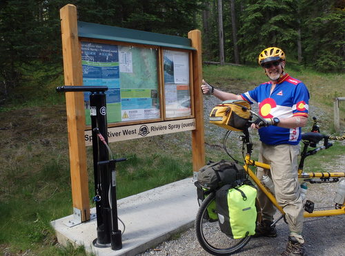 GDMBR: Trailhead at 0.0 miles - Notice the big bicycle pump and tools at the side (GDMBR, Canada, Banff; Tandem Bicycle Tour; June, 2017)..