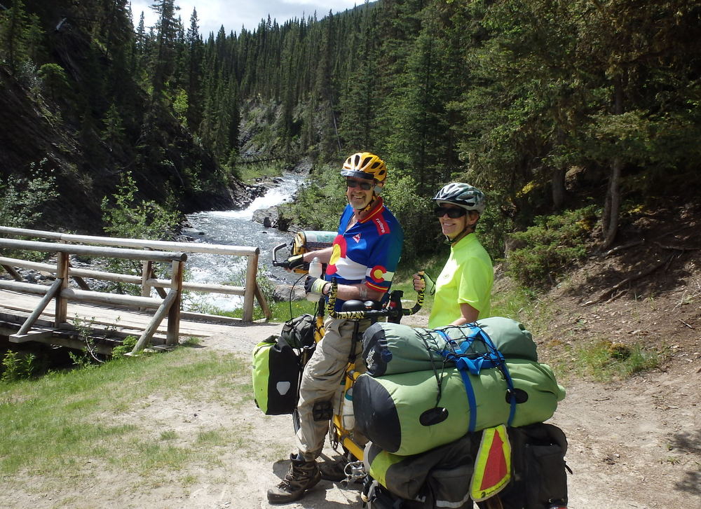 GDMBR: Terry, Dennis, and the Bee at the Spray River Crossing.