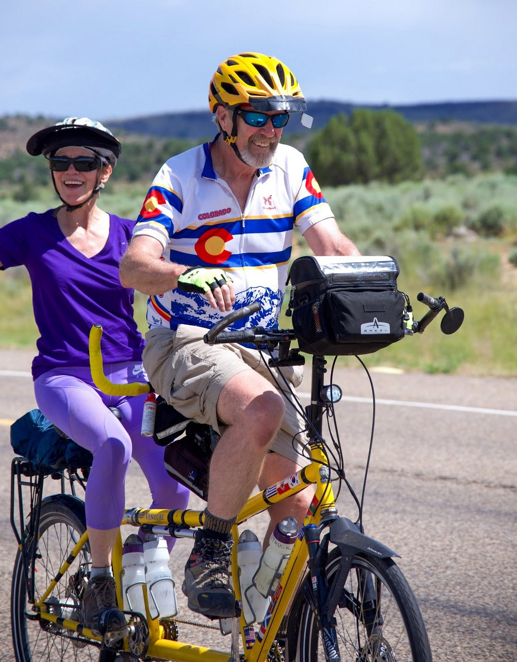 A live action photo of Terry and Dennis Struck riding the Bee on UT-18 (DaVinci Tandem; Photo by Julianna / Backroads Guide).