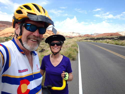 Dennis and Terry Struck with the Bee, Tandem Bike Tour, Snow Canyon, UT.