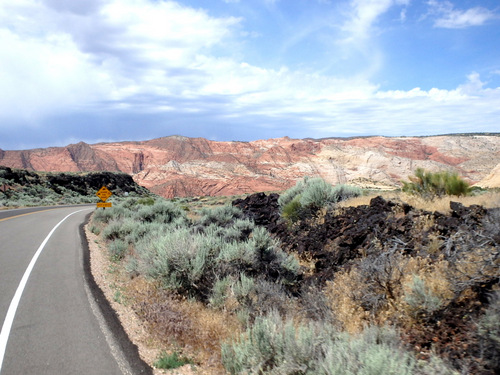 Snow Canyon ahead, notice the old black lava flow.