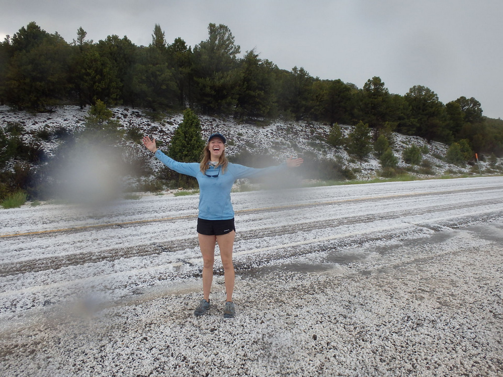 When the hail stopped falling, Julianna and I went out to pick up the Bee (it had blown over from strong wind).