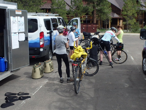 We found our group performing post ride rituals.