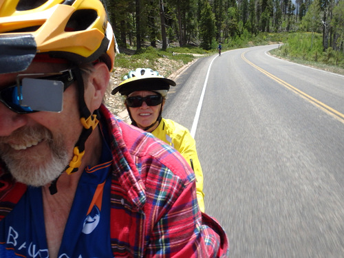 Tandem selfie of Dennis & Terry and that distant rider is Julianna.
