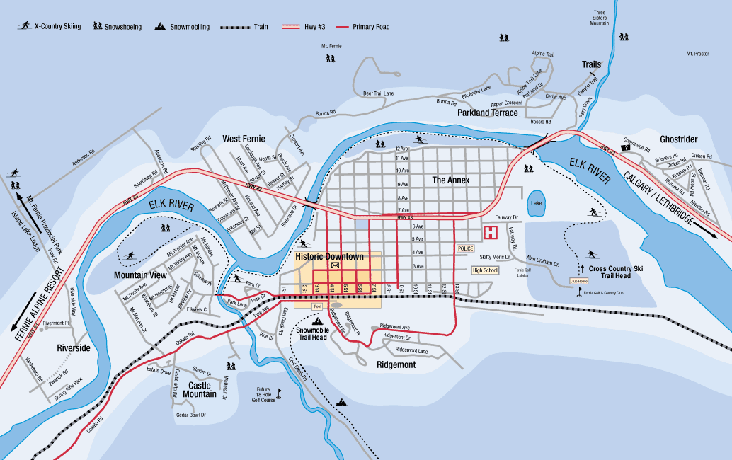 Fernie, on the Elk River, town map.