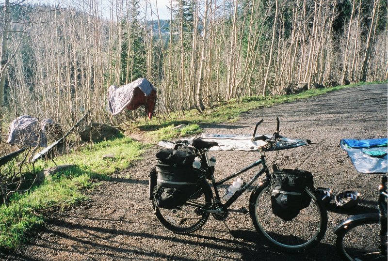 Drying wet camp items.