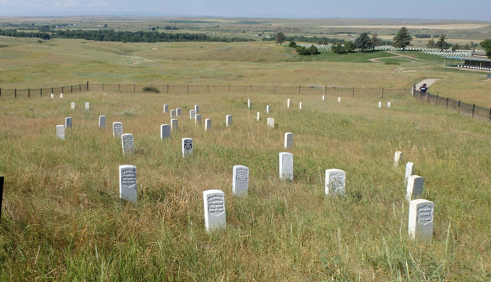 Looking west over the Greasy Grass Knoll, the Little Bighorn River, and the river valley.