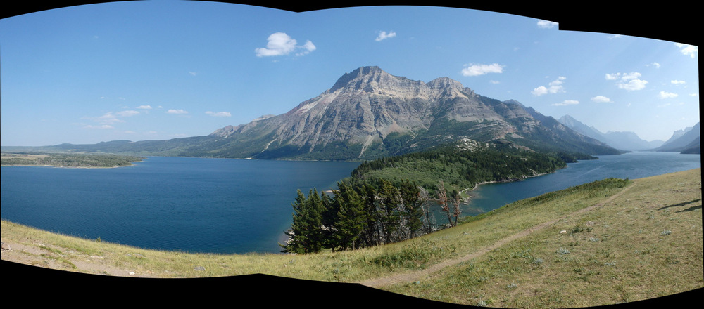 This view is looking south from the south side of the Prince of Wales Lodge, it views Lower Waterton Lake on the left and Middle Waterton Lake on the north.