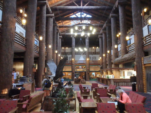 Standing in the center of the Great Room in Glacier Park Lodge looking south.