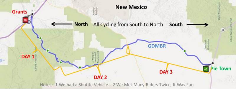 GDMBR: Our Strange Travel Course for this Bike Tour Segement (Pie Town to Grants, NM).