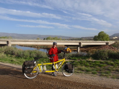 Terry and the Bee next to the Hwy 9 Bridge that crosses the Colorado River.