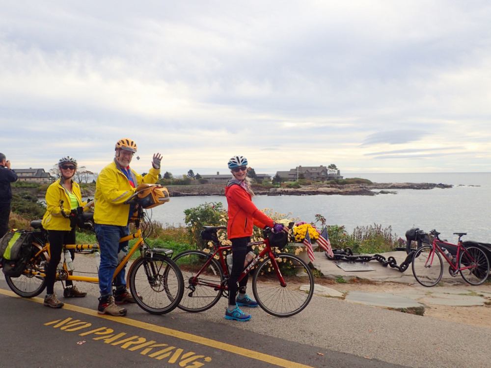 Dennis, Teresa Struck, and the Bee, along with Vickie, not parking, with President Bush’s summer home in Kennebunkport, Maine, in the background (Photo by Judy).