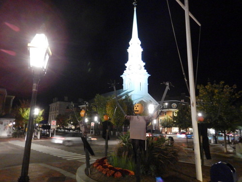 Portsmouth Halloween decorations and a well lit church in the background.