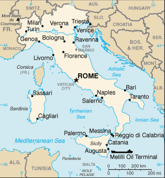Sicily's position in the Mediterranean Sea.