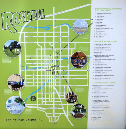 A close-up of the Roswell Visitors Center sign.