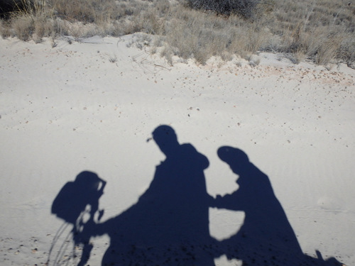 Tandem Selfie in White Sands, NM (the Captain's Flannel Shirt Shell is Open).