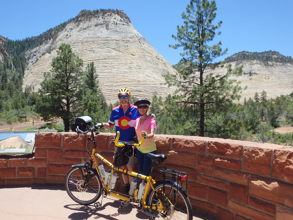 Dennis, Terry, and the Bee in front of Checkerboard Mesa, Zion NP, Utah.