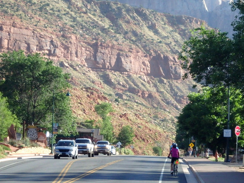 Riding north through Springdale on Zion Canyon Blvd.