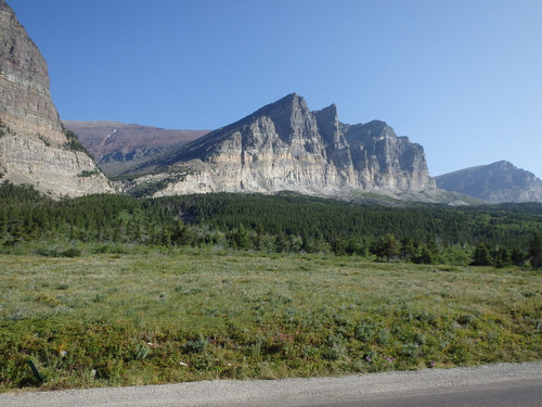 Cycling out of Many Glaciers Lodge, Glacier NP.