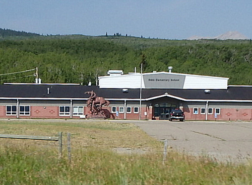 Babb Elementary School has an interesting Wild Bronc Ride Sculpture.