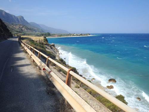 Cycling the Gulf of Corinth's coast.