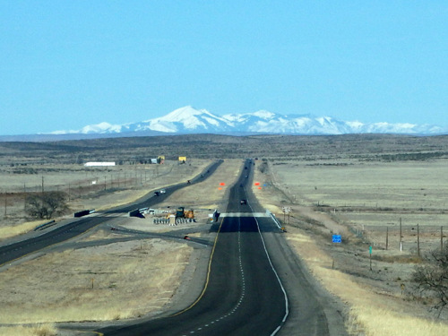 Looking at the Sacramento Mountains and Sierra Blanca (its highest peak) on US-380, driving due west from Roswell, New Mexico.